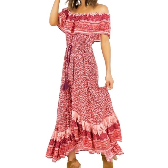 Nightcap Clothing Samba Gown Sunrise Print Red Pink Smocked Waist Tassel Size 2 - Picture 3 of 12